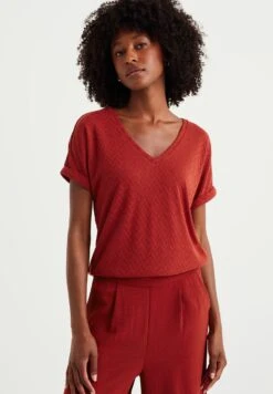 WE FASHION Met Opengewerkt Dessin - T-Shirt Basique - Brown